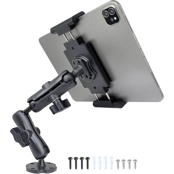 Aluminum Heavy-Duty Dual Arm Tablet Mount with 4-Point 360 Rotation Drill Base - Fits 6.5"-12.9" Tablets (iPad, Galaxy Tab, Surface) - Versatile Mounting for Homes, Businesses, Vehicles