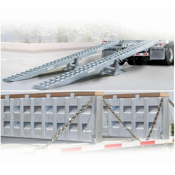 Aluminum Heavy-Duty Loading Ramp Kit - 1 Pair Upper Ramps, Lower Ramps, Ramp Storage Hangers, Adjustable Ramp Stand & Stand Storage Bracket, Skid Seats, Stake Pocket, Lumber Clips