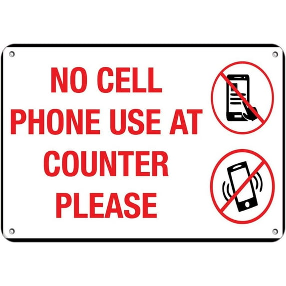 Aluminum Horizontal Metal Sign Multiple Sizes No Cell Phone Use at Counter Please White With Border Weatherproof Street Signage 10x7Inches
