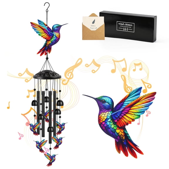 Aluminum Hummingbird Wind Chimes for Outside, Metal Garden Treasures Wind Chime with 4 Durable Tubes & 6 Bells, Unique Grandma Garden Gifts Box & Card Included, 35.4" (Colorful)