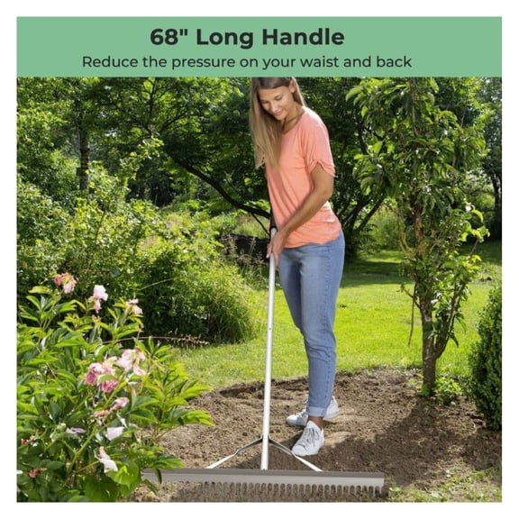 Aluminum Landscape Rake - 36 Inch Wide Garden Rake with 68 Inch Long Handle, Heavy Duty Leaf and Lawn Rake for Yard Clean Up, Leveling, Spreading Gravel, and Landscaping