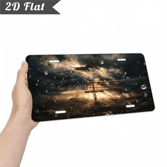 Aluminum License Plate with American Condor And Flag Design, Featuring a Patriotic Sunset And Cross Standard Size of 6X12 Inches, This Decorative Novelty Plate Is Intended for Men And Women And
