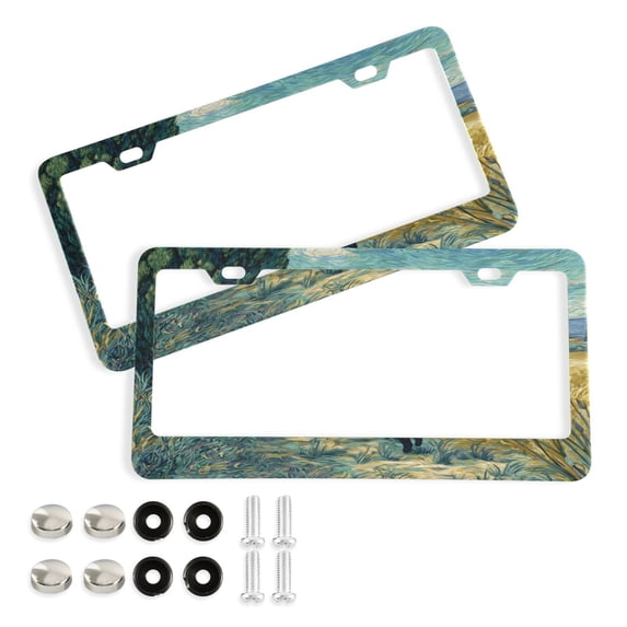 Aluminum License Plate Frame 2 Pack Car Exterior Accessory Car Tag Holder for Front Rear Plates Cars Decor Black Cat Walking Fields