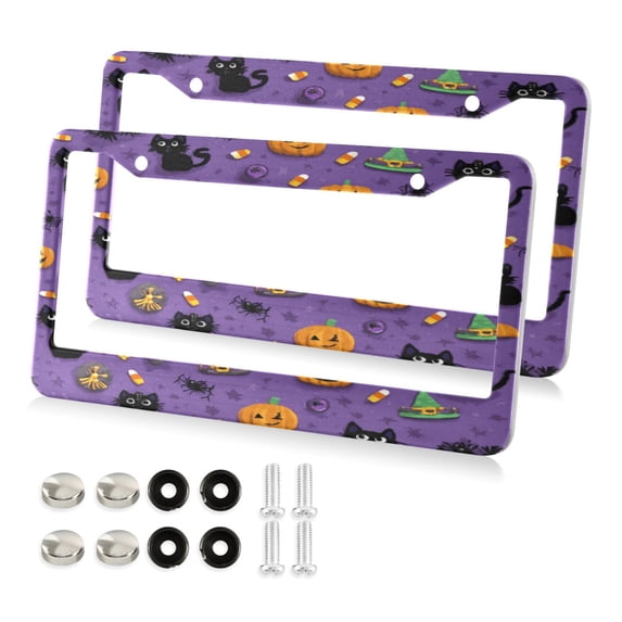 Aluminum License Plate Frame 2 Pack Car Exterior Accessory Car Tag Holder for Front Rear Plates Cars Decor Black Cats and Pumpkins Pattern