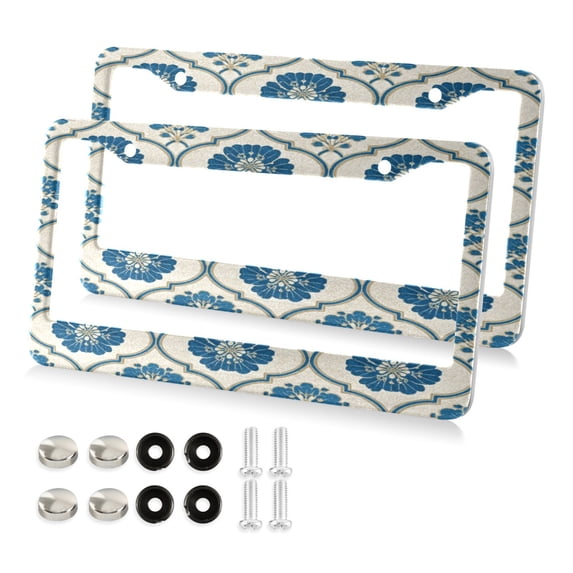 Aluminum License Plate Frame 2 Pack Car Exterior Accessory Car Tag Holder for Front Rear Plates Cars Decor Blue Symmetrical Floral Pattern