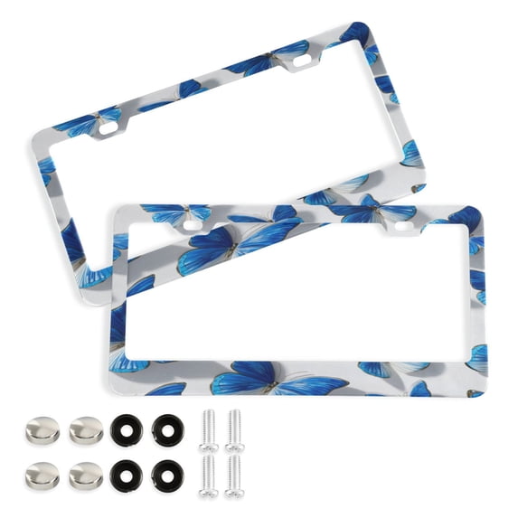 Aluminum License Plate Frame 2 Pack Car Exterior Accessory Car Tag Holder for Front Rear Plates Cars Decor Blue and White Butterfly