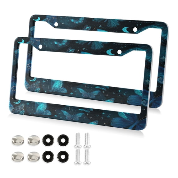 Aluminum License Plate Frame 2 Pack Car Exterior Accessory Car Tag Holder for Front Rear Plates Cars Decor Blue-green Butterfly Pattern