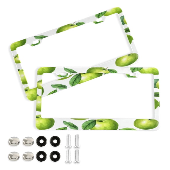 Aluminum License Plate Frame 2 Pack Car Exterior Accessory Car Tag Holder for Front Rear Plates Cars Decor Cartoon Green Apples Pattern