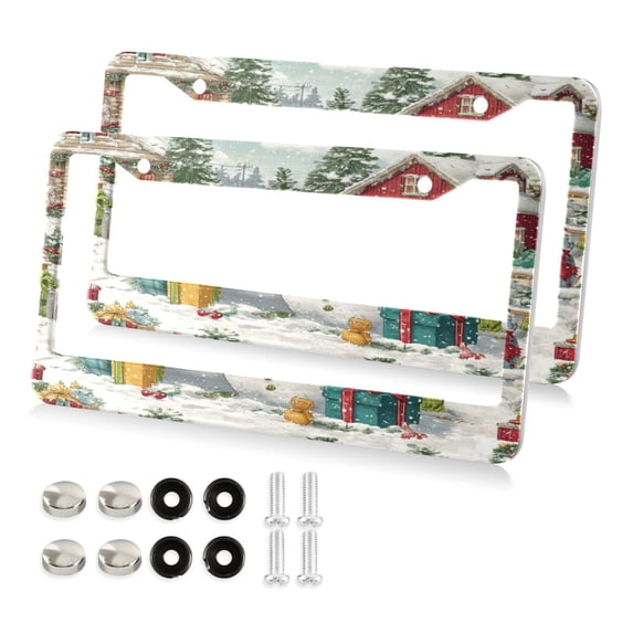 Aluminum License Plate Frame 2 Pack Car Exterior Accessory Car Tag Holder for Front Rear Plates Cars Decor Christmas Design with Snowmen