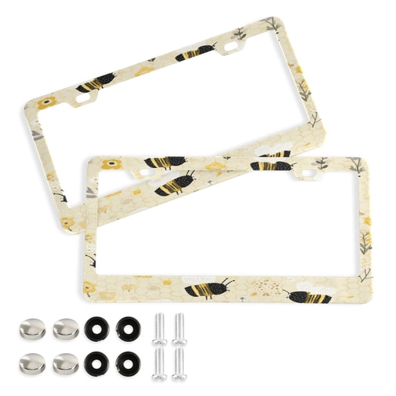 Aluminum License Plate Frame 2 Pack Car Exterior Accessory Car Tag Holder for Front Rear Plates Cars Decor Cute Bees and Honeycomb Pattern