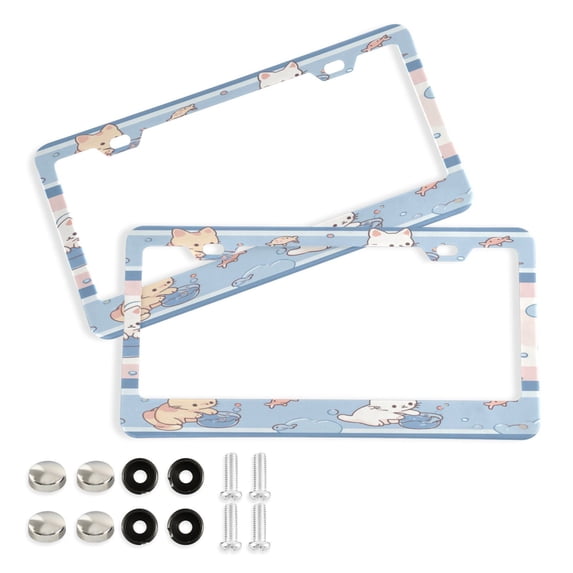 Aluminum License Plate Frame 2 Pack Car Exterior Accessory Car Tag Holder for Front Rear Plates Cars Decor Cute Cat Pattern
