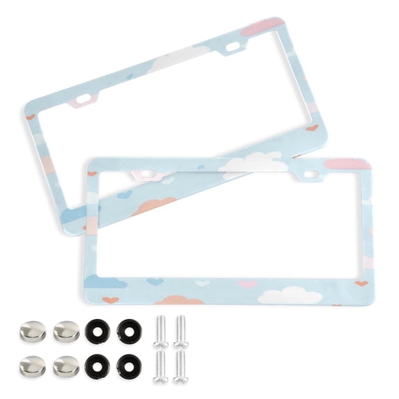 Aluminum License Plate Frame 2 Pack Car Exterior Accessory Car Tag Holder for Front Rear Plates Cars Decor Cute Clouds and Hearts Pattern