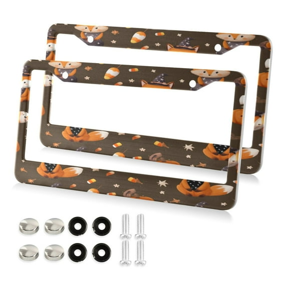 Aluminum License Plate Frame 2 Pack Car Exterior Accessory Car Tag Holder for Front Rear Plates Cars Decor Cute Foxes in Cute Costumes