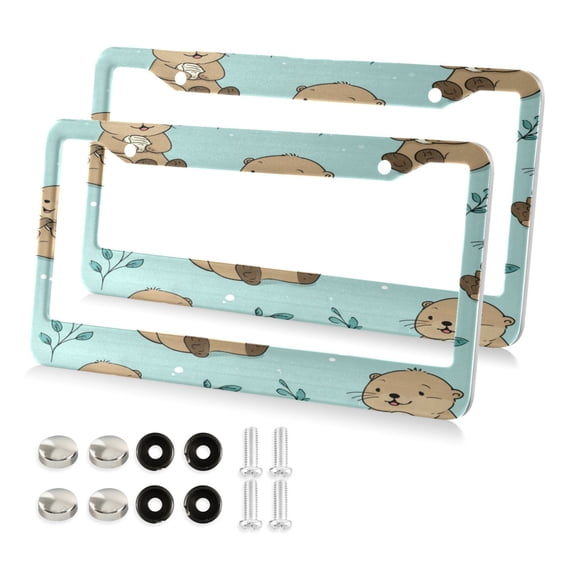 Aluminum License Plate Frame 2 Pack Car Exterior Accessory Car Tag Holder for Front Rear Plates Cars Decor Cute Otter Pattern