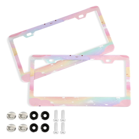 Aluminum License Plate Frame 2 Pack Car Exterior Accessory Car Tag Holder for Front Rear Plates Cars Decor Cute Stars and Pink Clouds