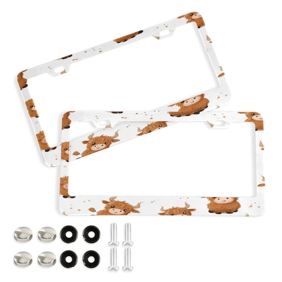 Aluminum License Plate Frame 2 Pack Car Exterior Accessory Car Tag Holder for Front Rear Plates Cars Decor Cute Yaks Cow Pattern