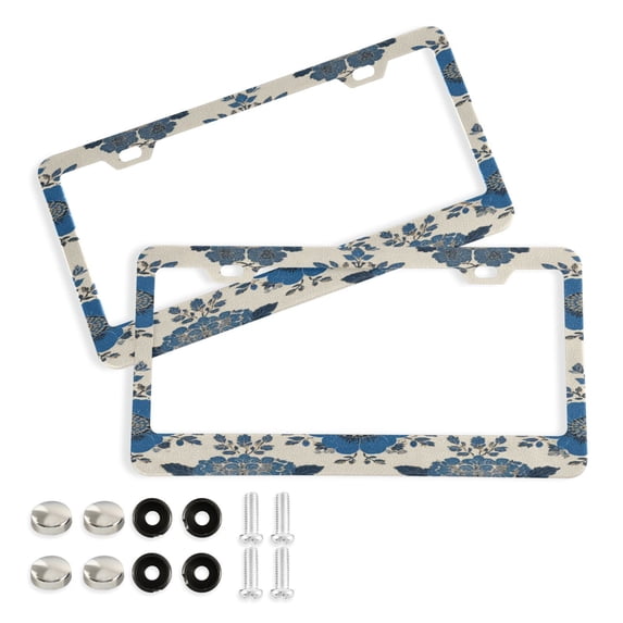 Aluminum License Plate Frame 2 Pack Car Exterior Accessory Car Tag Holder for Front Rear Plates Cars Decor Elegant Blue Flowers Pattern