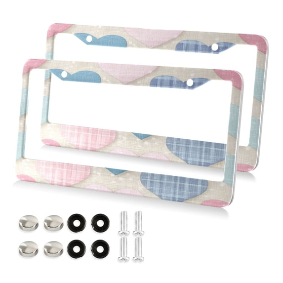 Aluminum License Plate Frame 2 Pack Car Exterior Accessory Car Tag Holder for Front Rear Plates Cars Decor Gingham Heart-shaped Pattern