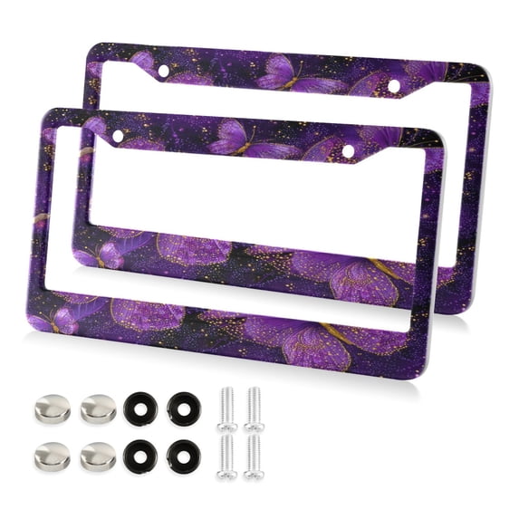 Aluminum License Plate Frame 2 Pack Car Exterior Accessory Car Tag Holder for Front Rear Plates Cars Decor Glowing Purple Butterfly