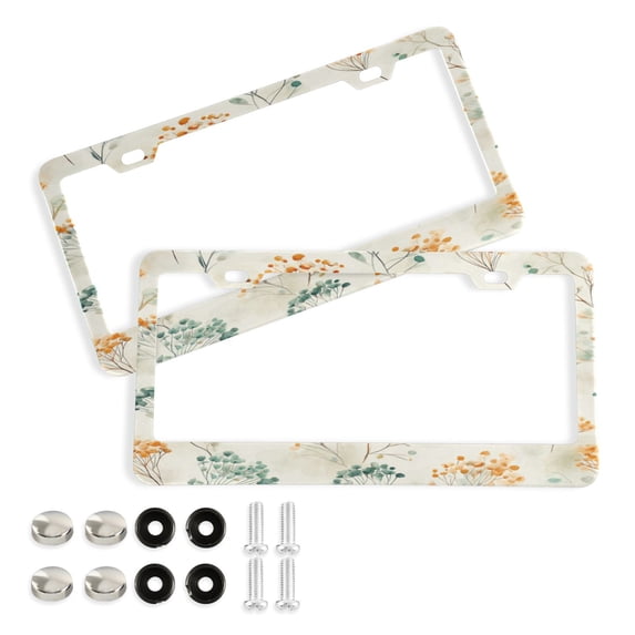Aluminum License Plate Frame 2 Pack Car Exterior Accessory Car Tag Holder for Front Rear Plates Cars Decor Green and Orange Small Flowers