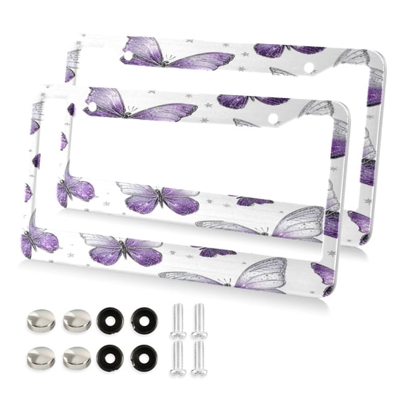 Aluminum License Plate Frame 2 Pack Car Exterior Accessory Car Tag Holder for Front Rear Plates Cars Decor Lavender-colored Butterfly Pattern