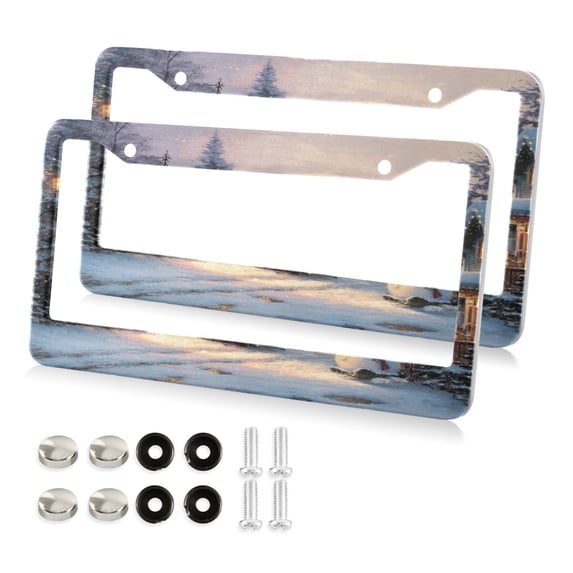 Aluminum License Plate Frame 2 Pack Car Exterior Accessory Car Tag Holder for Front Rear Plates Cars Decor Magical Snow-covered Village