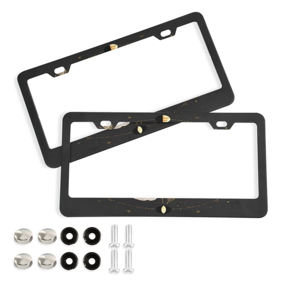 Aluminum License Plate Frame 2 Pack Car Exterior Accessory Car Tag Holder for Front Rear Plates Cars Decor Moon Phases with Flowers and Stars