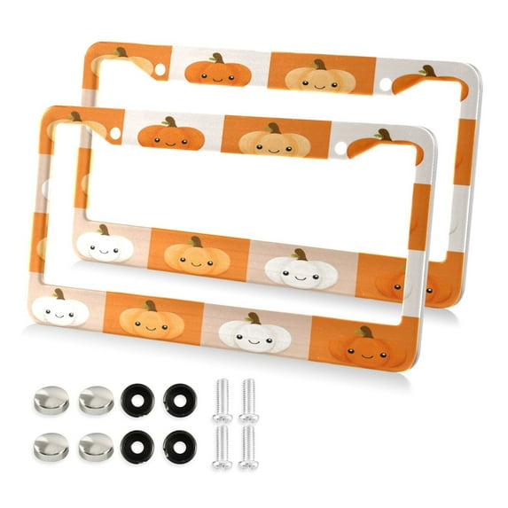 Aluminum License Plate Frame 2 Pack Car Exterior Accessory Car Tag Holder for Front Rear Plates Cars Decor Orange and White Squares
