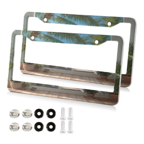 Aluminum License Plate Frame 2 Pack Car Exterior Accessory Car Tag Holder for Front Rear Plates Cars Decor Palm Trees and Ocean