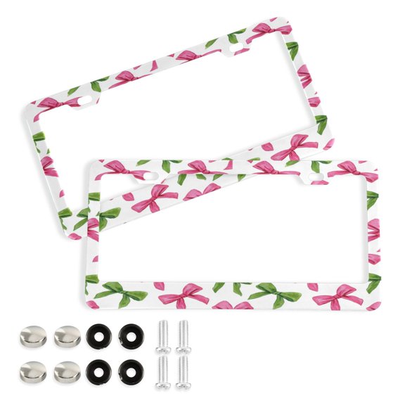 Aluminum License Plate Frame 2 Pack Car Exterior Accessory Car Tag Holder for Front Rear Plates Cars Decor Pink Bows and Green Ribbons