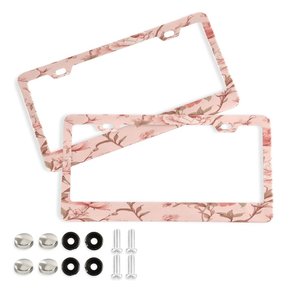 Aluminum License Plate Frame 2 Pack Car Exterior Accessory Car Tag Holder for Front Rear Plates Cars Decor Pink Flowers