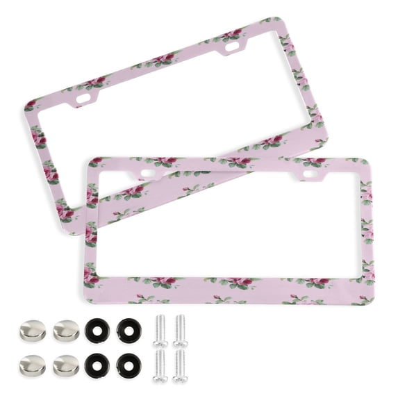 Aluminum License Plate Frame 2 Pack Car Exterior Accessory Car Tag Holder for Front Rear Plates Cars Decor Pink Vintage Roses Pattern