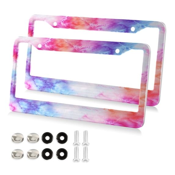 Aluminum License Plate Frame 2 Pack Car Exterior Accessory Car Tag Holder for Front Rear Plates Cars Decor Pink and Blue Tie-dye Pattern