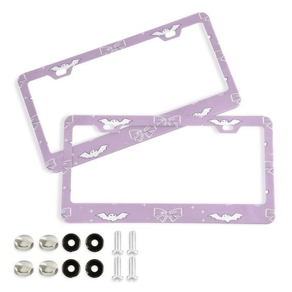 Aluminum License Plate Frame 2 Pack Car Exterior Accessory Car Tag Holder for Front Rear Plates Cars Decor Purple Bows and Bats