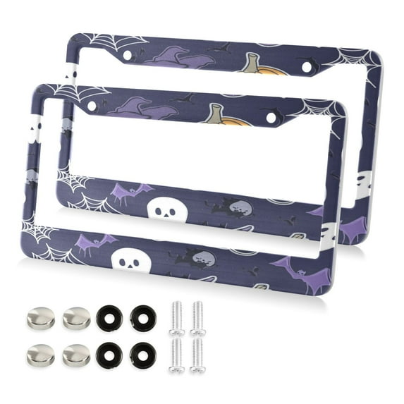 Aluminum License Plate Frame 2 Pack Car Exterior Accessory Car Tag Holder for Front Rear Plates Cars Decor Purple Halloween-themed Pattern
