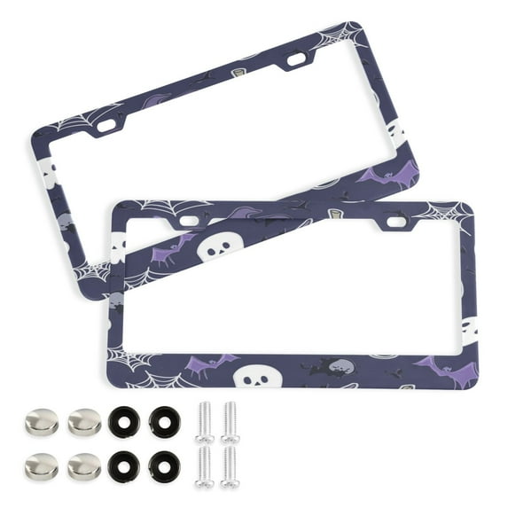 Aluminum License Plate Frame 2 Pack Car Exterior Accessory Car Tag Holder for Front Rear Plates Cars Decor Purple Halloween-themed Pattern