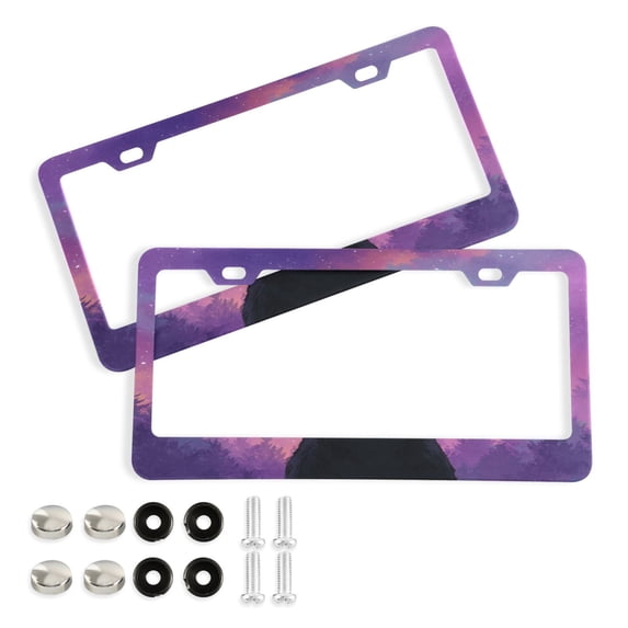 Aluminum License Plate Frame 2 Pack Car Exterior Accessory Car Tag Holder for Front Rear Plates Cars Decor Purple Sky and Black Cat