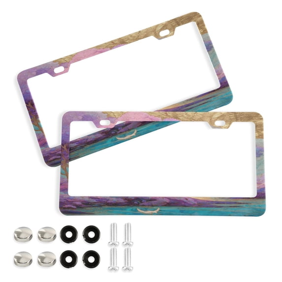 Aluminum License Plate Frame 2 Pack Car Exterior Accessory Car Tag Holder for Front Rear Plates Cars Decor Purple Trees