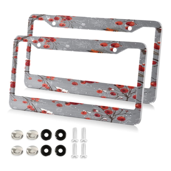 Aluminum License Plate Frame 2 Pack Car Exterior Accessory Car Tag Holder for Front Rear Plates Cars Decor Red Berries and Robin Birds