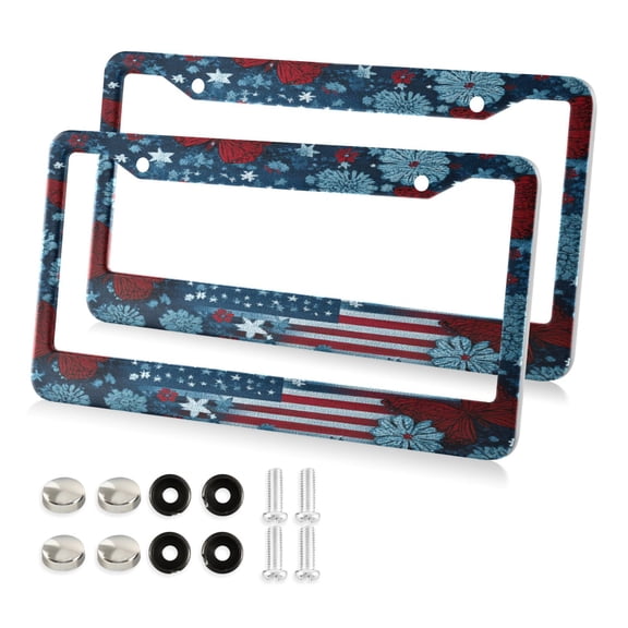 Aluminum License Plate Frame 2 Pack Car Exterior Accessory Car Tag Holder for Front Rear Plates Cars Decor Red Butterflies and Flags