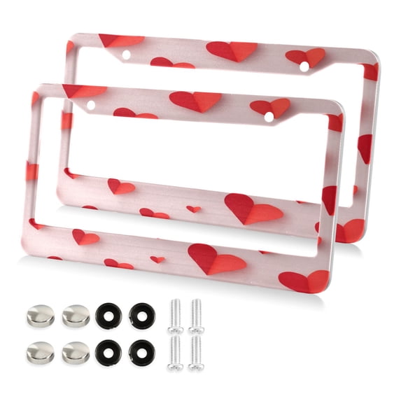 Aluminum License Plate Frame 2 Pack Car Exterior Accessory Car Tag Holder for Front Rear Plates Cars Decor Red Paper Hearts