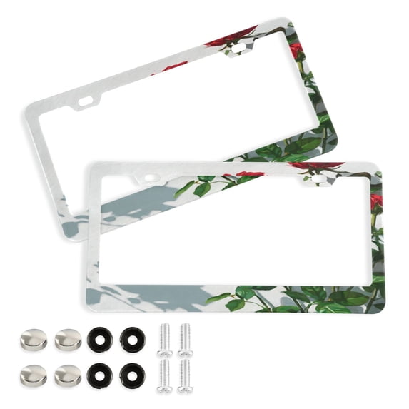 Aluminum License Plate Frame 2 Pack Car Exterior Accessory Car Tag Holder for Front Rear Plates Cars Decor Red Roses on The Wall