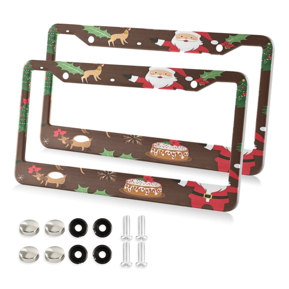 Aluminum License Plate Frame 2 Pack Car Exterior Accessory Car Tag Holder for Front Rear Plates Cars Decor Reindeer and Santa Claus