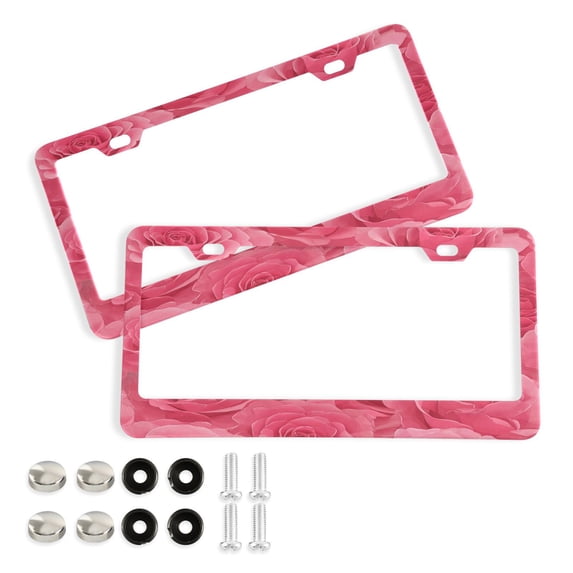 Aluminum License Plate Frame 2 Pack Car Exterior Accessory Car Tag Holder for Front Rear Plates Cars Decor Seamless Pattern with Pink Rose