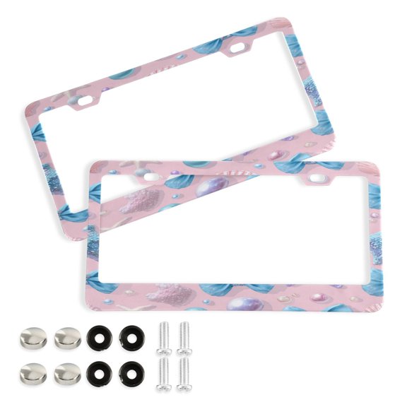 Aluminum License Plate Frame 2 Pack Car Exterior Accessory Car Tag Holder for Front Rear Plates Cars Decor Seashells and Bows