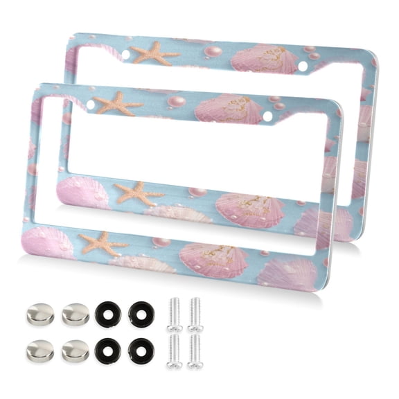 Aluminum License Plate Frame 2 Pack Car Exterior Accessory Car Tag Holder for Front Rear Plates Cars Decor Seashells and Pearls Pattern