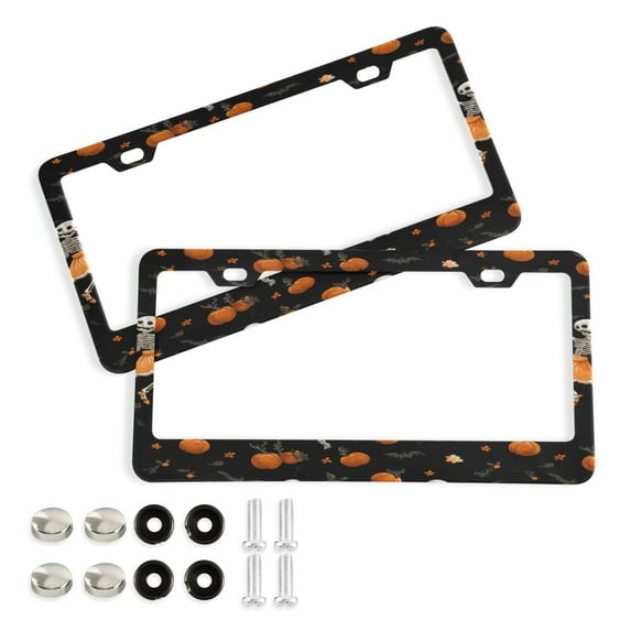 Aluminum License Plate Frame 2 Pack Car Exterior Accessory Car Tag Holder for Front Rear Plates Cars Decor Skeleton Carrying Pumpkin