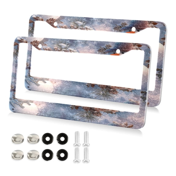 Aluminum License Plate Frame 2 Pack Car Exterior Accessory Car Tag Holder for Front Rear Plates Cars Decor Snowman Pine Branch