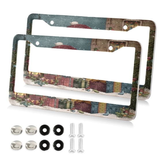 Aluminum License Plate Frame 2 Pack Car Exterior Accessory Car Tag Holder for Front Rear Plates Cars Decor Snowman and Gift Box