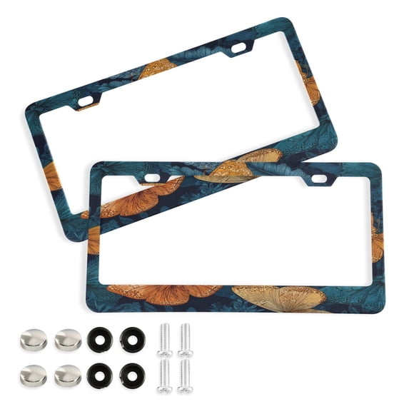 Aluminum License Plate Frame 2 Pack Car Exterior Accessory Car Tag Holder for Front Rear Plates Cars Decor Teal and Orange Butterflies